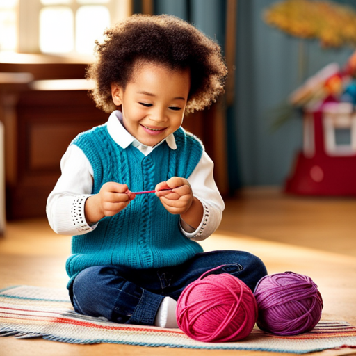 An image showcasing a cozy knitting scene for toddlers, with a vibrant skein of yarn, knitting needles delicately creating stitches on a tiny jumper, and a toddler's smiling face eagerly awaiting the finished creation