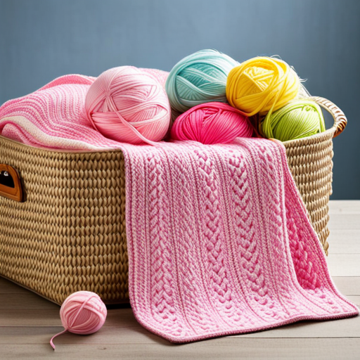 An image showcasing a cozy, pastel-hued baby blanket being lovingly knitted by skilled hands, accompanied by a portable knitting bag filled with vibrant yarn skeins, knitting needles, and a pattern book