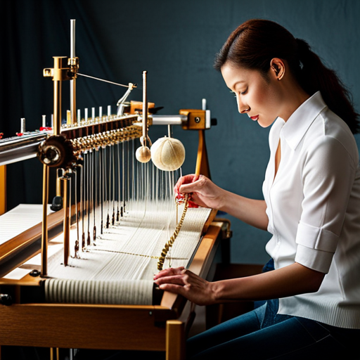 An image showcasing the intricate inner workings of a knitting machine, with gears elegantly interlocking, needles precisely knitting, and mechanics delicately adjusting tension, capturing the essence of craftsmanship and mechanical perfection