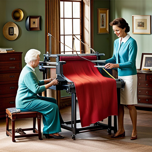 An image showcasing a skilled knitter effortlessly operating the innovative Knitting Machine Lincraft, surrounded by a colorful array of intricately crafted garments and cozy accessories, embodying the ease and joy of this craft