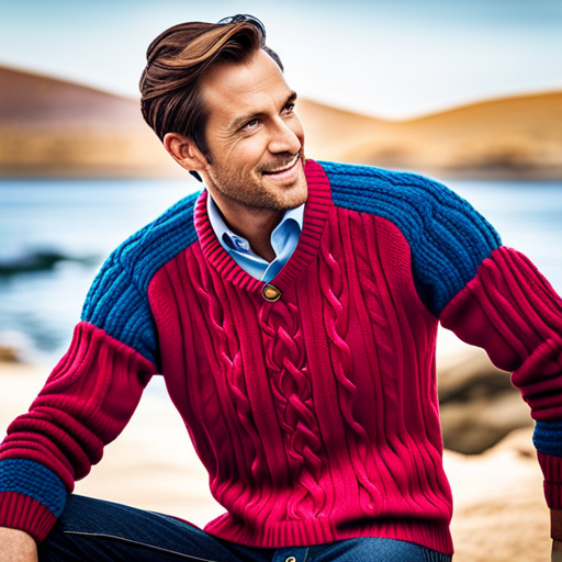 An image showcasing an expert knitter's hands delicately weaving vibrant, high-quality yarns into a cozy, intricate cable-knit sweater