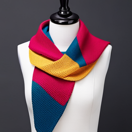 An image showcasing a vibrant, multicolored knitted scarf with a striking zigzag pattern