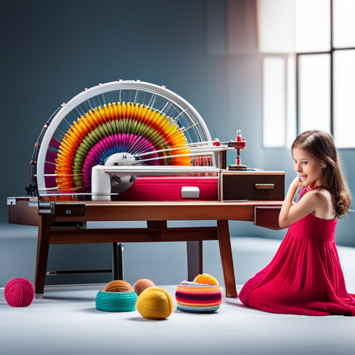 A vibrant knitting machine in action, effortlessly weaving colorful yarns into adorable amigurumi toys