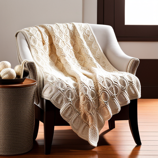 An image showcasing a cozy, hand-knit cotton blanket draped over a comfortable armchair, with a basket overflowing with vibrant cotton yarn skeins nearby
