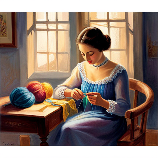 A vibrant image showcasing a stylish lady gracefully knitting an intricate lace top, her hands adorned with colorful yarns