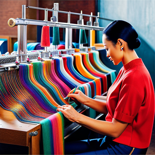 An image showcasing a colorful knitting machine in action, with various threads and yarns intertwining effortlessly, forming intricate patterns and textures