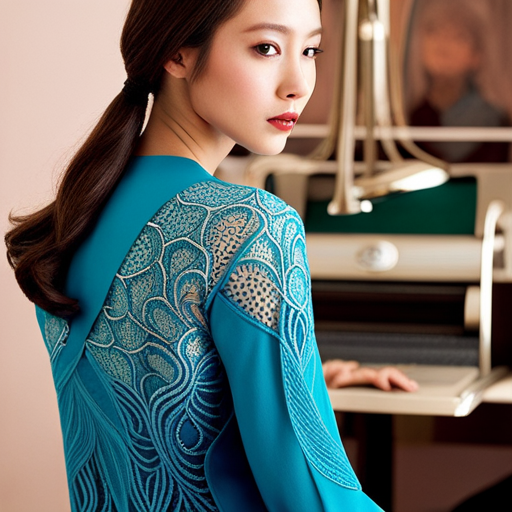 An image showcasing a vibrant knitting machine lace pattern, delicately woven with intricate motifs and flowing waves, evoking a sense of beauty and creativity in the art of lace knitting