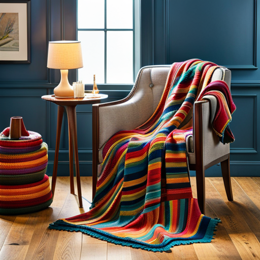 An image capturing a cozy scene of a sunlit room, adorned with vibrant crochet blankets of various textures and colors