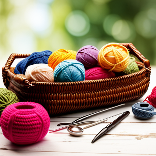 An image showcasing a cozy scene with a variety of vibrant crocheted knockers, beautifully arranged in a basket alongside a crochet hook, soft yarn balls, and a cup of tea, emanating warmth and comfort