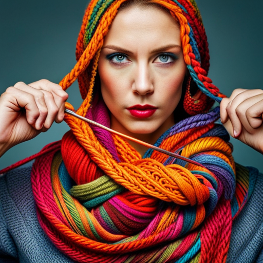 An image featuring a tangle of colorful yarns, knitting needles, and a perplexed expression on a knitter's face as they examine a complex knitting pattern, symbolizing the challenge of deciphering the intricate meanings hidden within