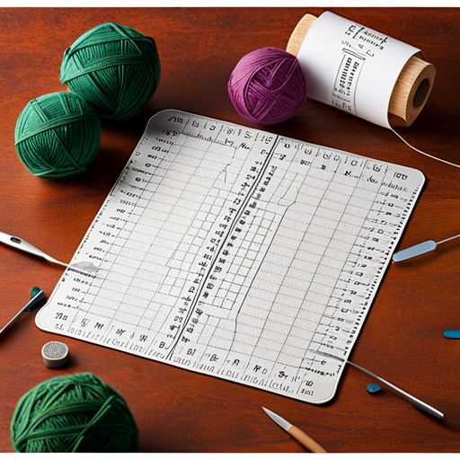An intricate image showcasing a knitting gauge chart, with precise rows and stitches, demonstrating the diverse range of needle sizes, yarn types, and stitch patterns