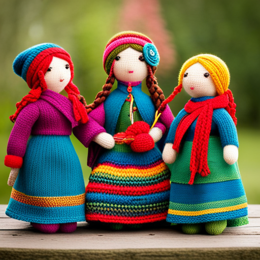 An image showcasing a colorful collection of whimsical knitted dolls, each uniquely adorned with intricate patterns and textures