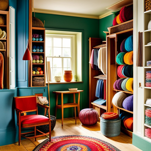 An image that showcases a cozy, sunlit corner of a British knitting shop, adorned with shelves overflowing with vibrant yarns, exquisite knitting needles, and intricate handmade knitwear, evoking a warm and inviting atmosphere