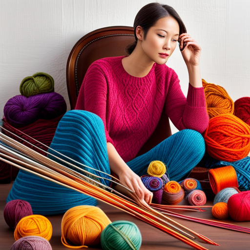 An image showcasing a serene knitter, surrounded by a vibrant tapestry of colorful yarns, while confidently following a detailed knitting pattern, unraveling the mysteries and demystifying the art of knitting for all