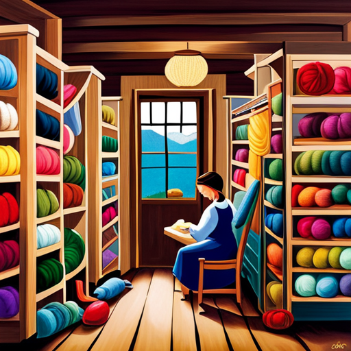 An image depicting a vibrant yarn store, adorned with colorful skeins neatly organized on shelves, where knitting needles and pattern books are displayed, inviting knitters to delve into Donna's renowned designs