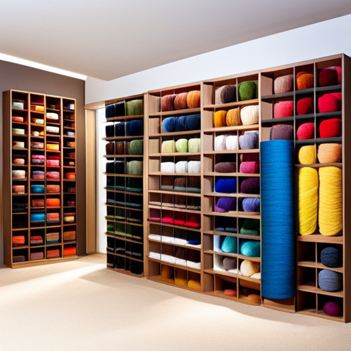 An image showcasing a vibrant display of colorful yarn in various textures and shades, neatly organized on shelves at Boyes