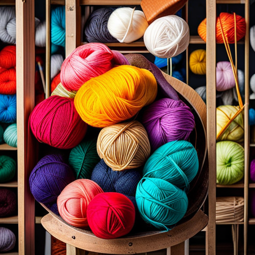 the vibrant world of knitting: an image of skilled hands gracefully intertwining colorful yarns on knitting needles, creating intricate patterns and textures, surrounded by shelves adorned with skeins of various fibers, inspiring endless creativity