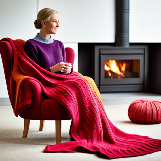 An image showcasing a cozy living room with a fireplace, adorned with vibrant hand-knit blankets and cushions