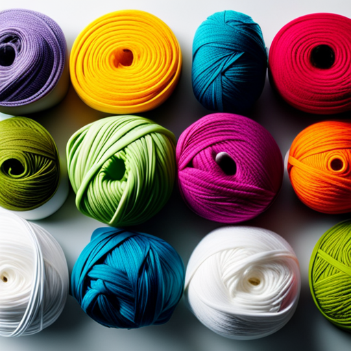 An image showcasing a vibrant array of colorful yarns neatly arranged beside knitting needles, with a backdrop of intricately knit patterns, symbolizing the diverse and innovative knitting companies that dominate the knitting industry in the USA