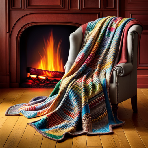 An image that captures the essence of coziness as it showcases a pair of hands delicately knitting a soft, warm woolen blanket, surrounded by skeins of colorful yarn, knitting needles, and the soothing glow of a fireplace