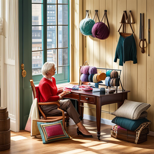 An image showcasing a cozy, well-lit knitting nook with colorful yarn, tools neatly arranged, and an open laptop displaying a vast collection of intricate knitting patterns