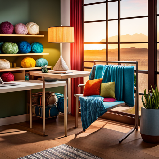 Nt image showcasing a cozy knitting corner, with a shelf filled with colorful yarn skeins, knitting needles, and a cashback logo displayed on a laptop screen, highlighting the Quidco Knitting Network's exclusive offers