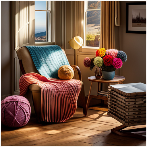 an inviting image of a cozy living room corner, adorned with a vibrant, half-finished jumper draped over a wooden knitting needle basket