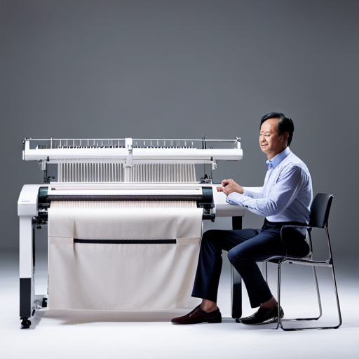 An image showcasing a knitter effortlessly operating the sleek Knitting Machine LK150, with its streamlined design and intuitive controls, producing intricate patterns with speed and precision, embodying the power of efficiency and simplicity