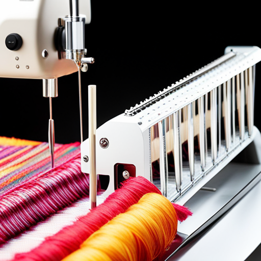 An image showcasing the intricate and mesmerizing process of the Brother Knitting Machine Kh860 in action, as it weaves vibrant yarns into intricate patterns, elevating the art of knitting to new heights