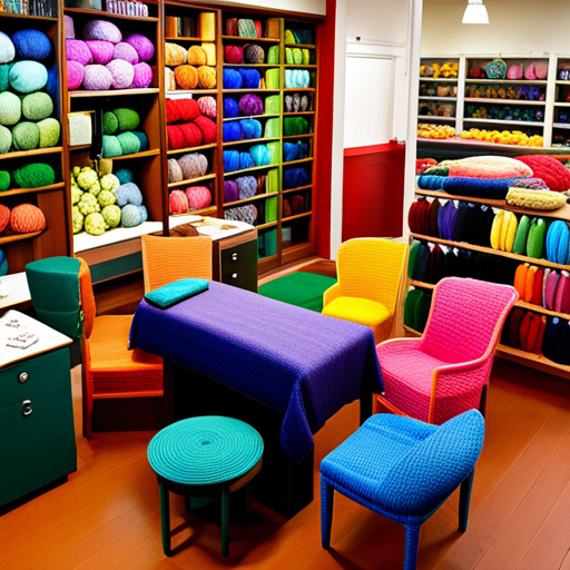An image showcasing a vibrant yarn store, with shelves adorned by colorful skeins, cozy armchairs inviting knitters, and a large table displaying various knitting projects in progress, exuding creativity and inspiration