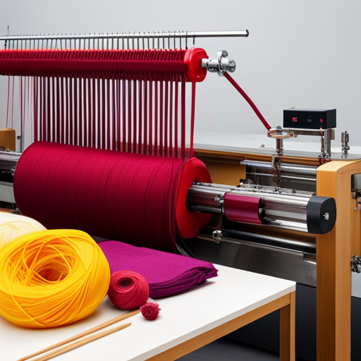 An image showcasing a state-of-the-art knitting machine in Germany, vibrant spools of premium yarn neatly arranged nearby