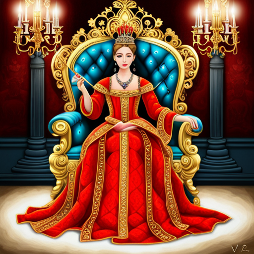 An image featuring a regal woman sitting on a luxurious throne, elegantly knitting with golden yarn