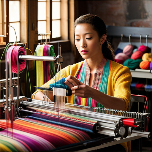 An image showcasing a knitter sitting in front of a knitting machine, surrounded by a colorful array of yarn and fabric, while their hands skillfully manipulate the machine's electronic controls