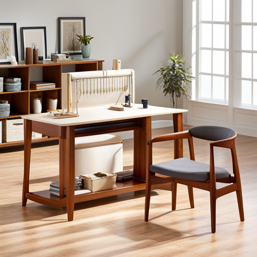 An image featuring a cozy knitting corner with a sleek, wooden machine table positioned beside a comfortable armchair