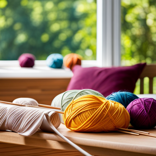 An image capturing the essence of a knitting retreat: A cozy, sunlit room filled with vibrant yarns, knitting needles clicking, surrounded by peaceful nature views, where guests find solace, inspiration, and relaxation