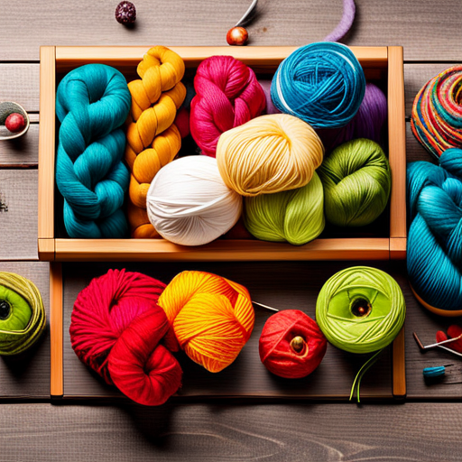 An image showcasing a vibrant assortment of yarn skeins in various textures and colors, neatly arranged on a wooden table