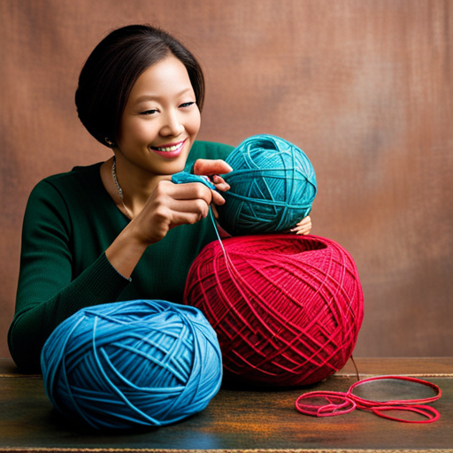 An image showcasing a pair of skilled hands gracefully maneuvering a knitting ring, with vibrant yarn unraveling from it, forming intricate patterns