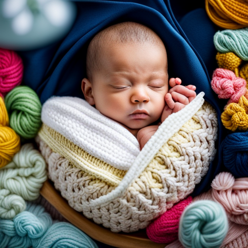 An image capturing a cozy scene of a baby peacefully sleeping in a soft, hand-knitted blanket, surrounded by a collection of tiny, intricate knitted baby clothes and accessories, showcasing the love and care put into each stitch