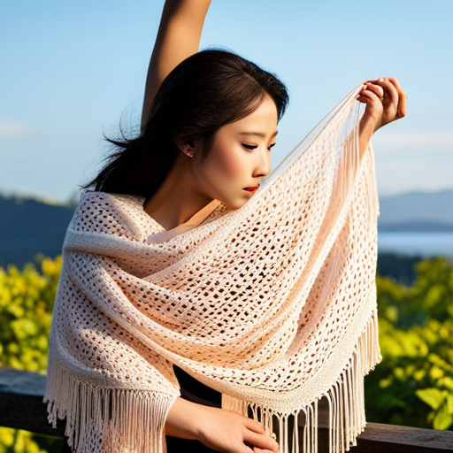 An image showcasing a delicate, hand-knit lace shawl adorned with intricate cherry blossom motifs, elegantly draping over a wooden Japanese weaving loom, surrounded by skeins of vibrant, luxurious silk yarn