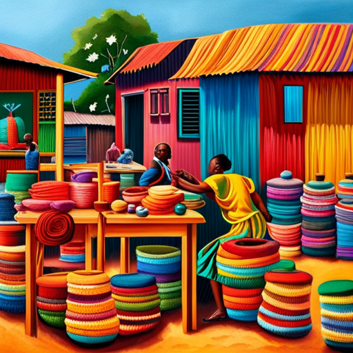 An image showcasing a vibrant Ghanaian marketplace, with women skillfully operating knitting machines, surrounded by stacks of colorful yarns