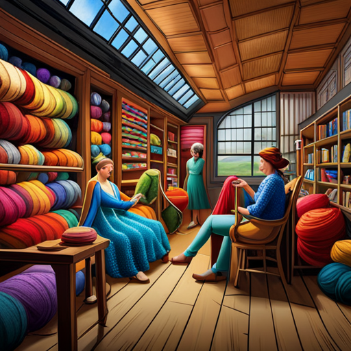 the vibrant ambiance of the Knitting Factory: a cozy, well-lit space adorned with walls of colorful skeins, knitting needles clinking, passionate enthusiasts crafting intricate scarves, hats, and blankets