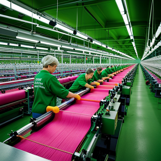 An image of a bustling knitting machine factory floor, with rows of state-of-the-art machinery in operation, producing intricate patterns and designs