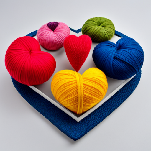 An image showcasing a vibrant knitting project with colorful yarns, patterned needles, and a hand knitting a heart-shaped emoji into the fabric