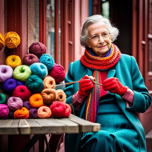 An image of a close-up shot capturing a pair of skilled hands, delicately knitting colorful scarves and gloves, surrounded by a vibrant array of yarns in various textures and shades, showcasing the spirit of charity knitting in Liverpool