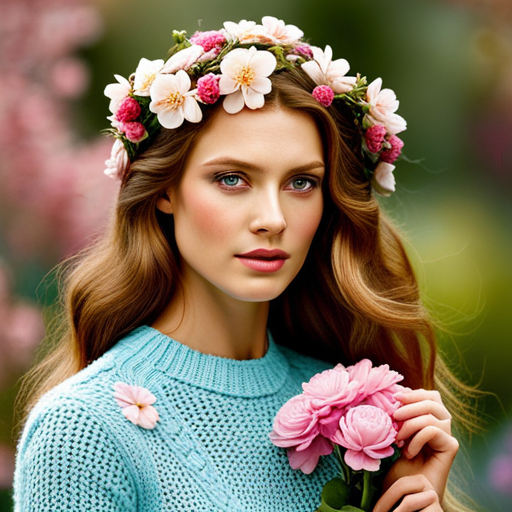 An image showcasing a stylish model in a lightweight, pastel-colored knitted jumper, gracefully walking through a blossoming garden in spring, with vibrant flowers in full bloom and a gentle breeze rustling their hair