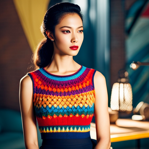 An image showcasing a stylish model wearing a vibrant, hand-knit crop top with intricate patterns