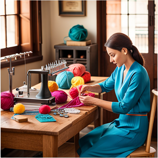 An image showcasing a vibrant array of knitting machine accessories, such as stitch holders, row counters, and needle sets, neatly arranged on a wooden table with soft natural lighting