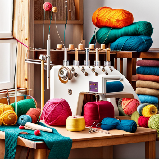 An image showcasing a vibrant assortment of knitting machines on a clean white background, highlighting their intricate parts, including knobs, needles, and colorful yarns, enticing readers to explore great deals on eBay