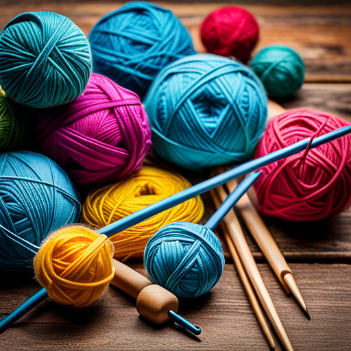 An image featuring vibrant yarn balls, knitting needles, and intricate pattern samples laid out on a rustic wooden table