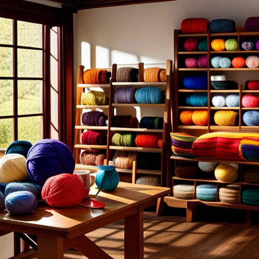 An image featuring a cozy yarn shop, filled with vibrant skeins neatly displayed on wooden shelves
